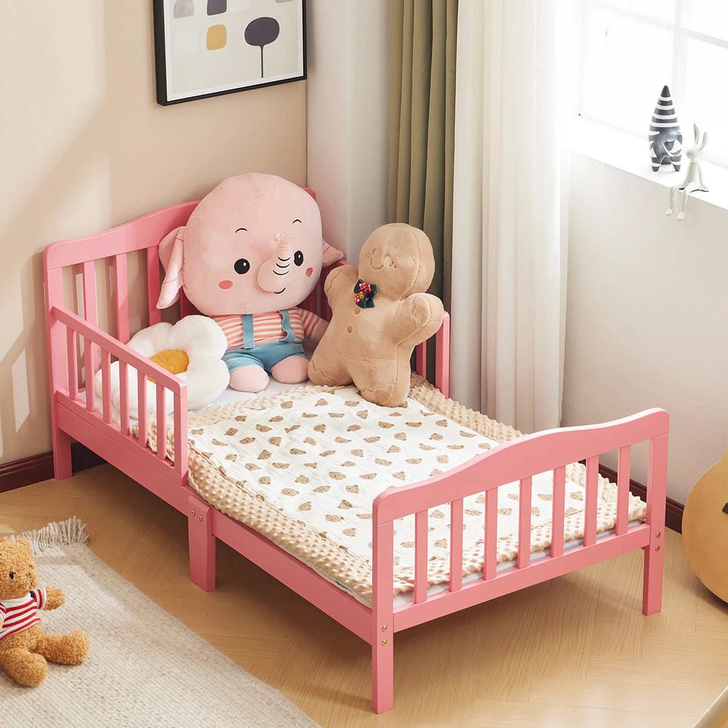 Sesslife Twin Size Wood Bed, Wooden Baby Toddler Bed, Children Bedroom Furniture with Safety Guardrails for Kids, Teens, Girls, Boys, Box Spring Needed, White