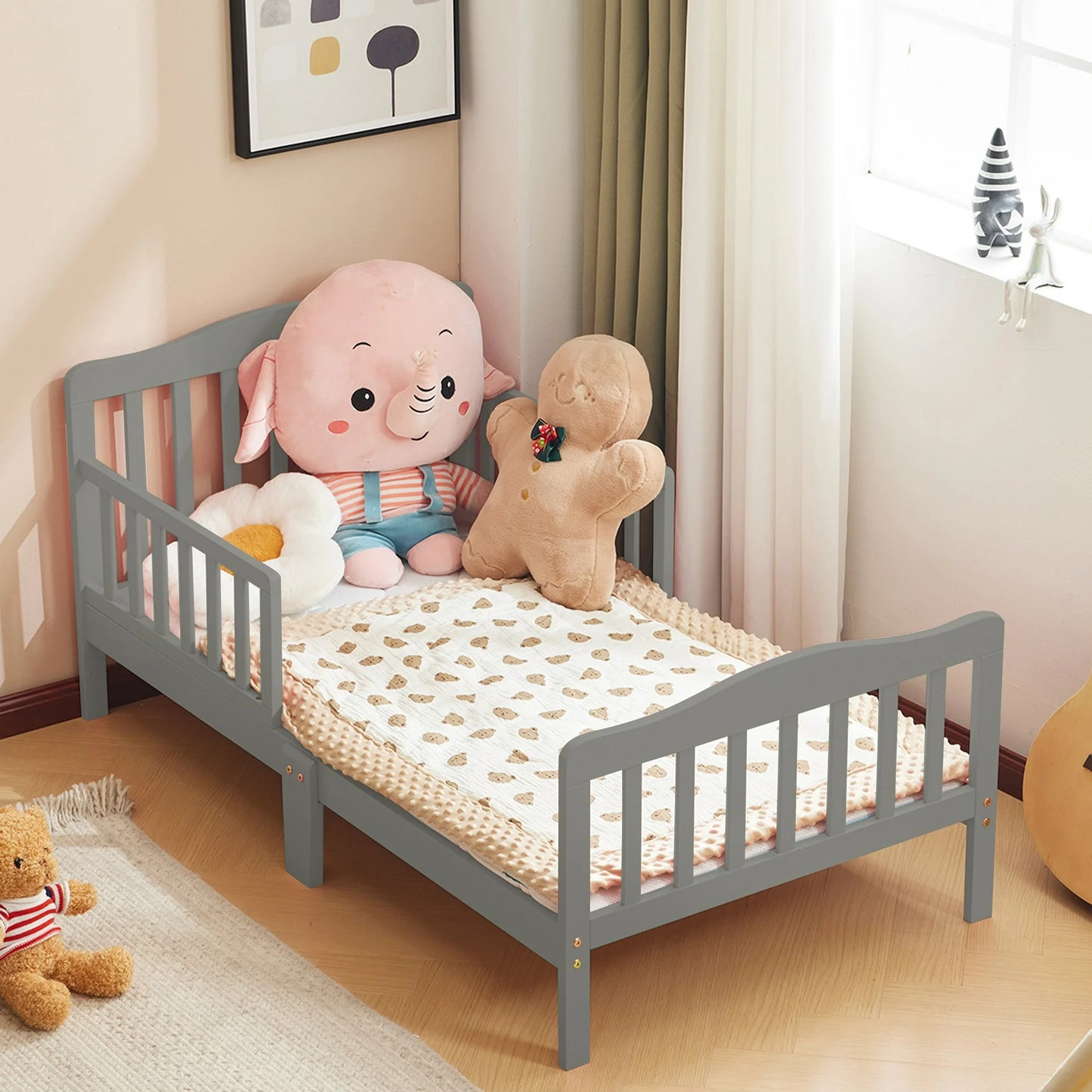 Sesslife Twin Size Wood Bed, Wooden Baby Toddler Bed, Children Bedroom Furniture with Safety Guardrails for Kids, Teens, Girls, Boys, Box Spring Needed, White