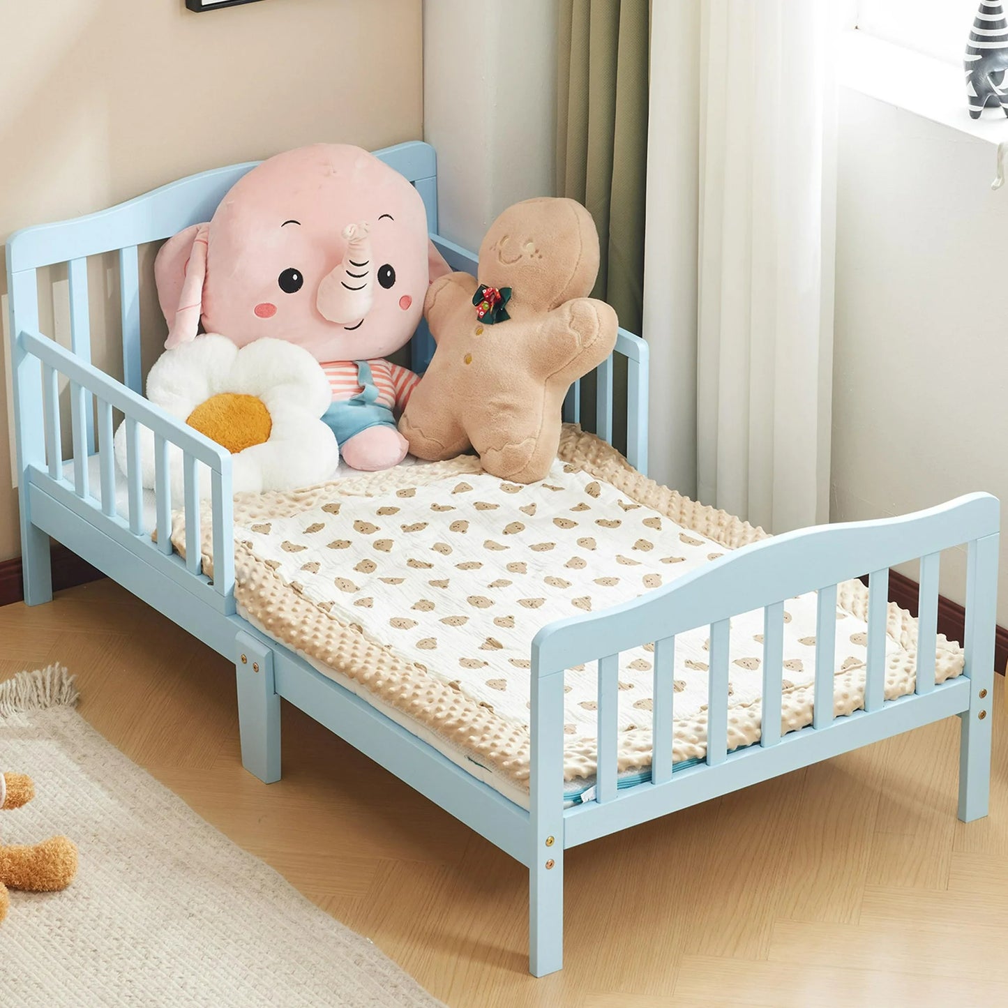 Sesslife Twin Size Wood Bed, Wooden Baby Toddler Bed, Children Bedroom Furniture with Safety Guardrails for Kids, Teens, Girls, Boys, Box Spring Needed, White