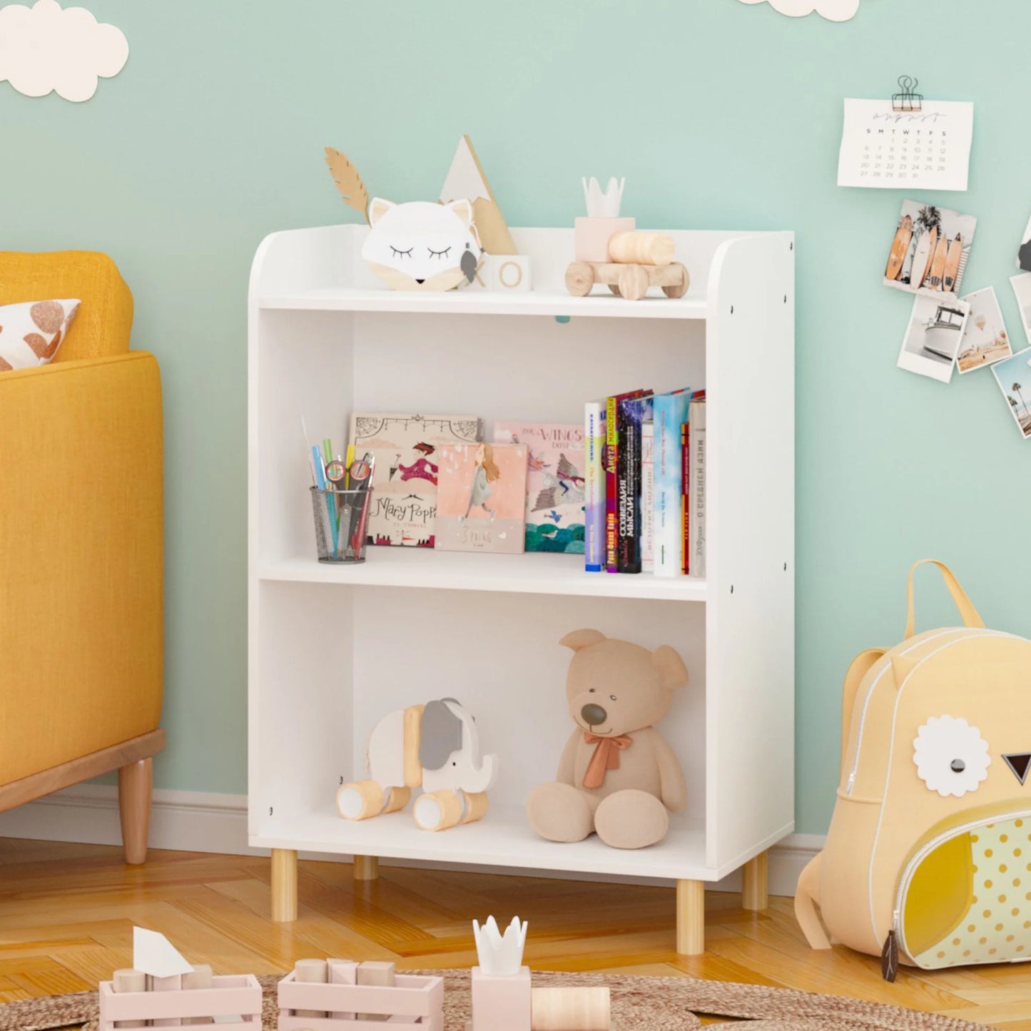 Sesslife 3-Tier Kids Bookshelf for Kids Room, Wooden Kids Toy Storage Organizer, Multi-functional Cute Nursery Book Shelves and Toy Storage with Display Stand for Boys Girls, White