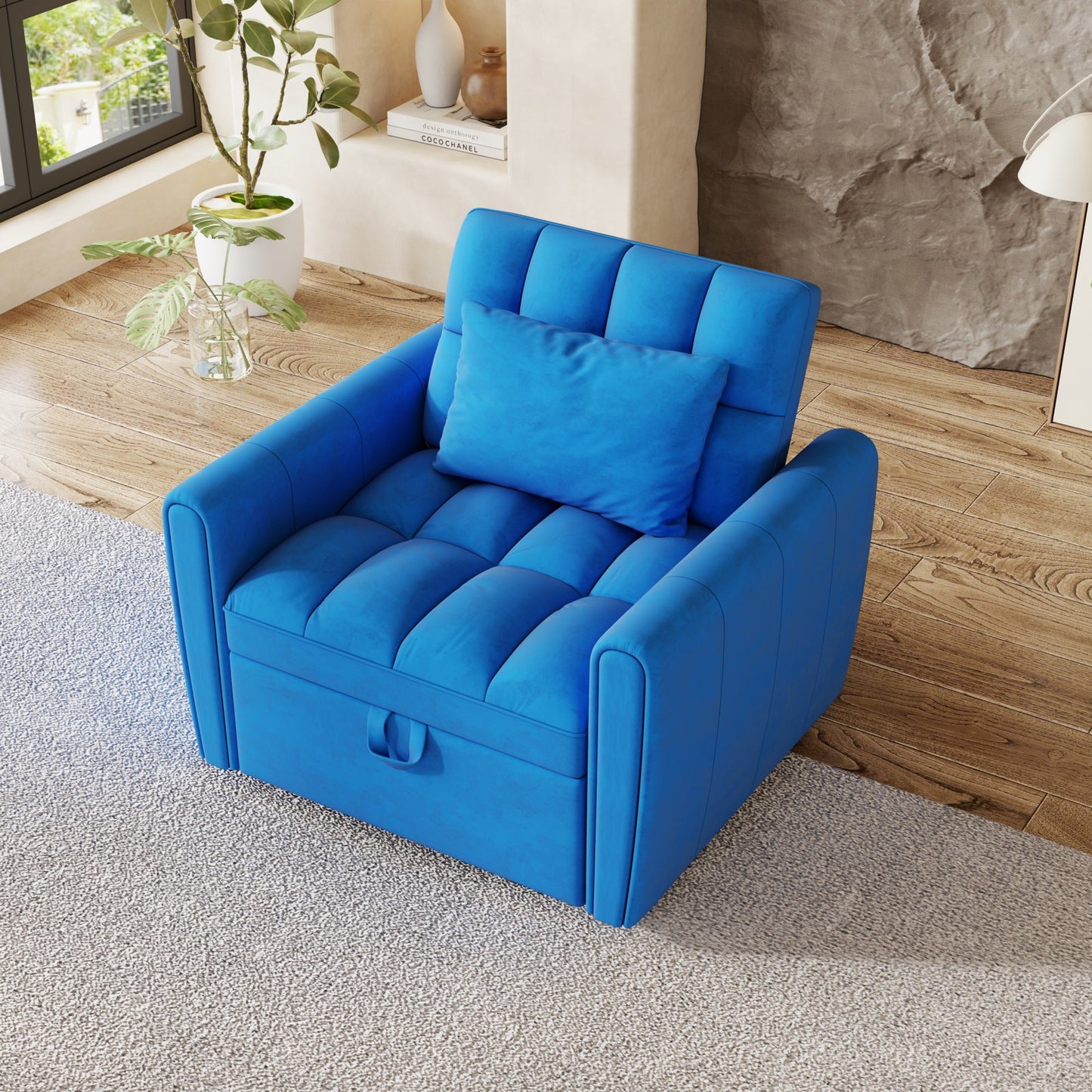 Sesslife 3-in-1 Convertible Sofa Bed with Pillow, 38" Velvet Futon Sleeper Sofa with Adjustable Backrest for Office Bedroom Living Room, Foldable Upholstered Single Sofa Couch, Blue