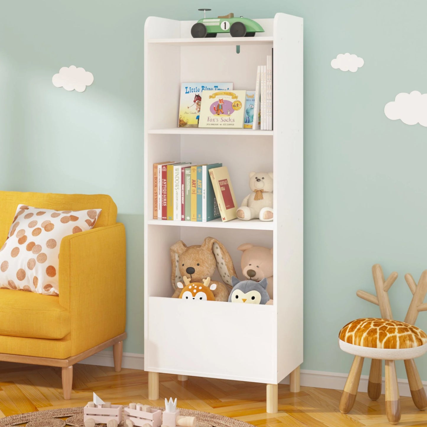 Sesslife 3-Tier Kids Bookshelf for Kids Room, Wooden Kids Toy Storage Organizer, Multi-functional Cute Nursery Book Shelves and Toy Storage with Display Stand for Boys Girls, White