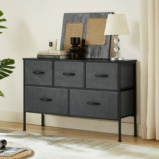Sesslife 5 Drawers Dresser, Clothes Cabinet Storage Organizers, Fabric Dresser for Kids and Adults, Chest of Drawers with Steel Frame and Wooden Top for Bedroom, Living Room, Hallway