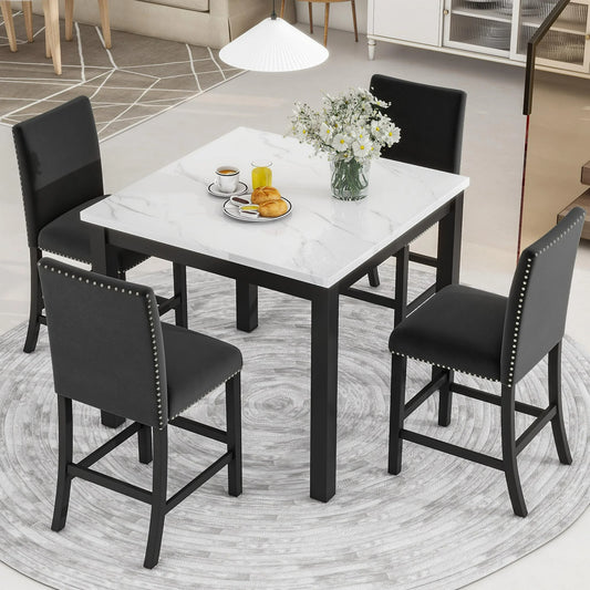 SESSLIFE Dining Table Set for 4, Counter Height Kitchen Table Set with Square Table and 4 Upholstered Chairs, Solid Wood Dining Room Set for Kitchen, Space-Saving, Black