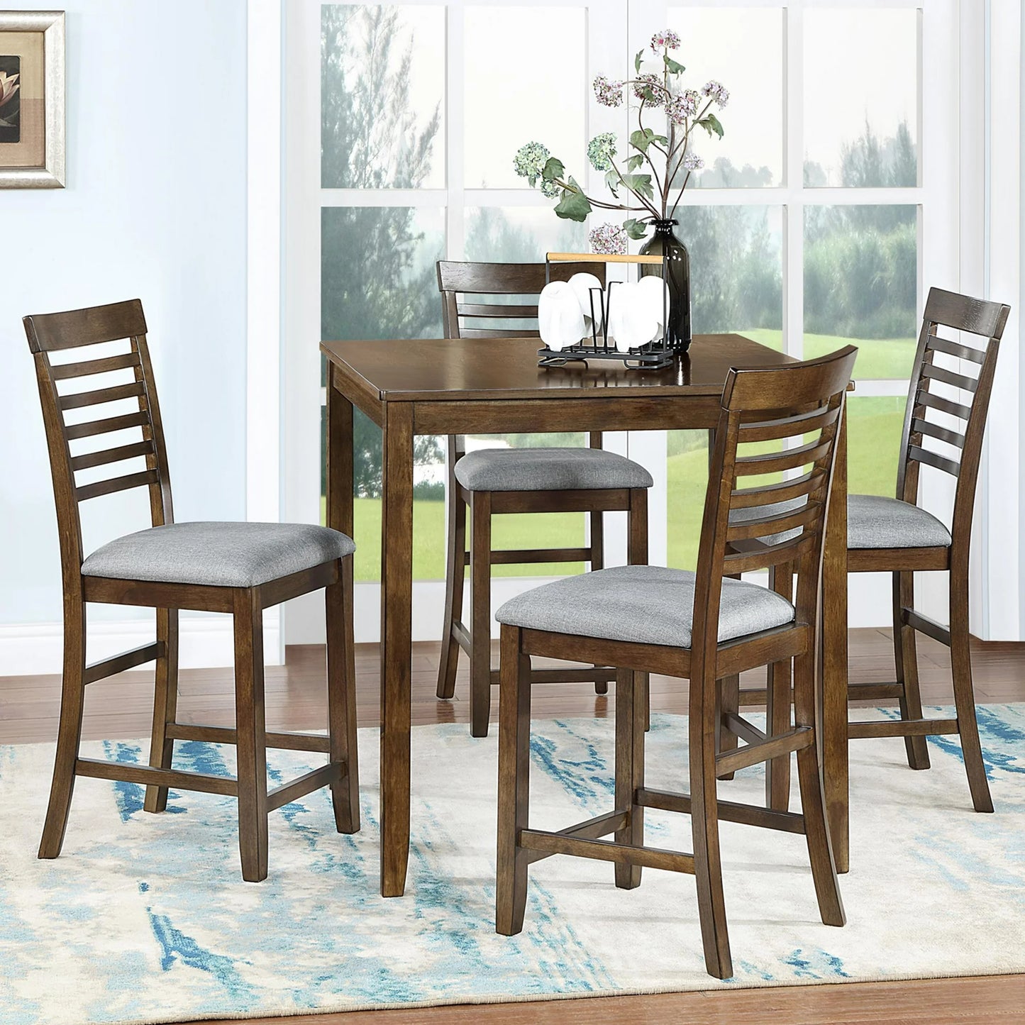Sesslife 5 Piece Counter Height Dining Room Set, Includes Table & 4 Upholstered Chairs, Gray