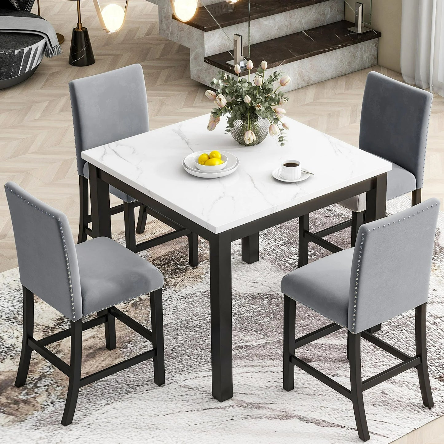 SESSLIFE Dining Table Set for 4, Counter Height Kitchen Table Set with Square Table and 4 Upholstered Chairs, Solid Wood Dining Room Set for Kitchen, Space-Saving, Black