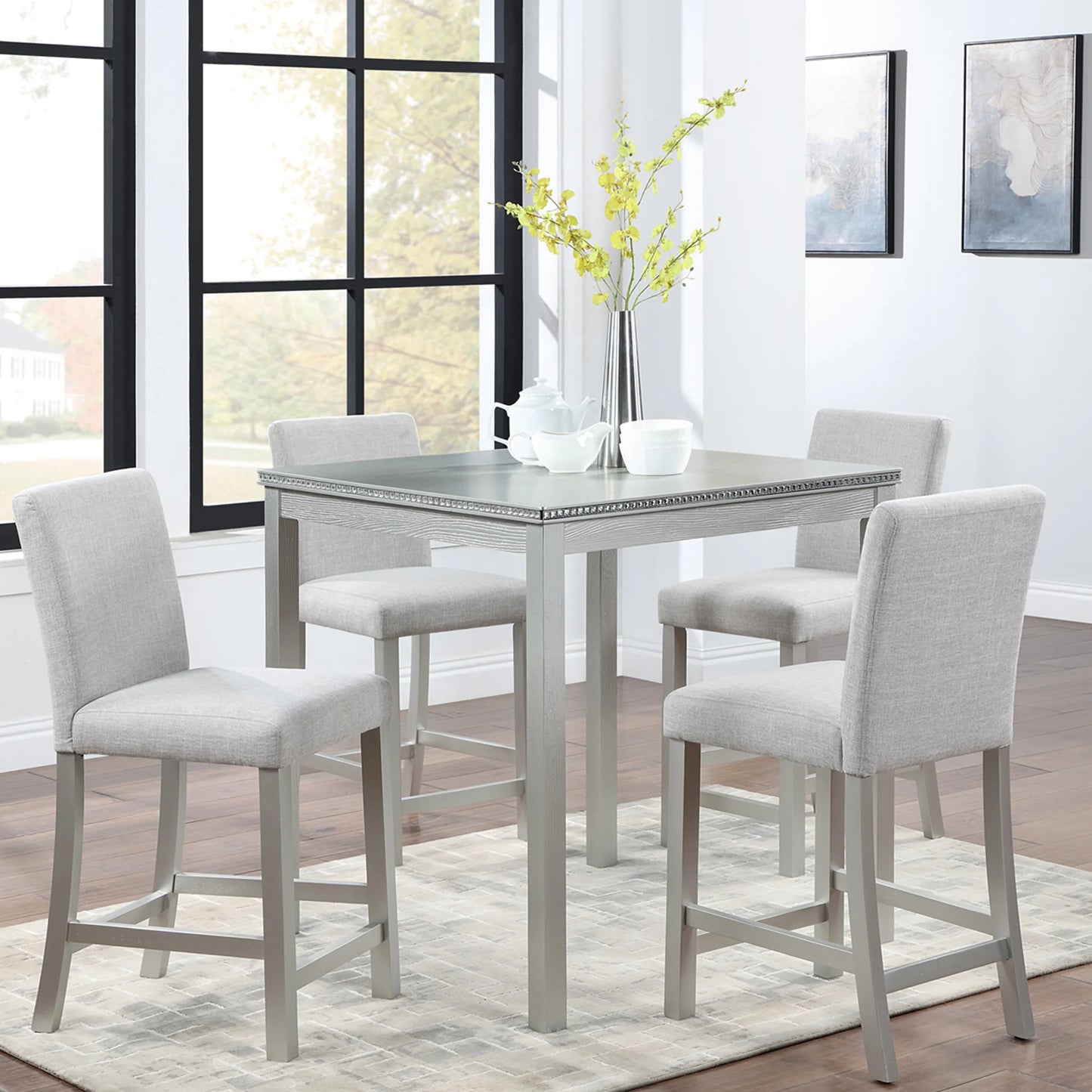 Sesslife 5 Piece Modern Dining Set for Home, Kitchen, Wooden Dining Square Table Set, Counter Height Table Set with 4 Upholstered Chairs, Black