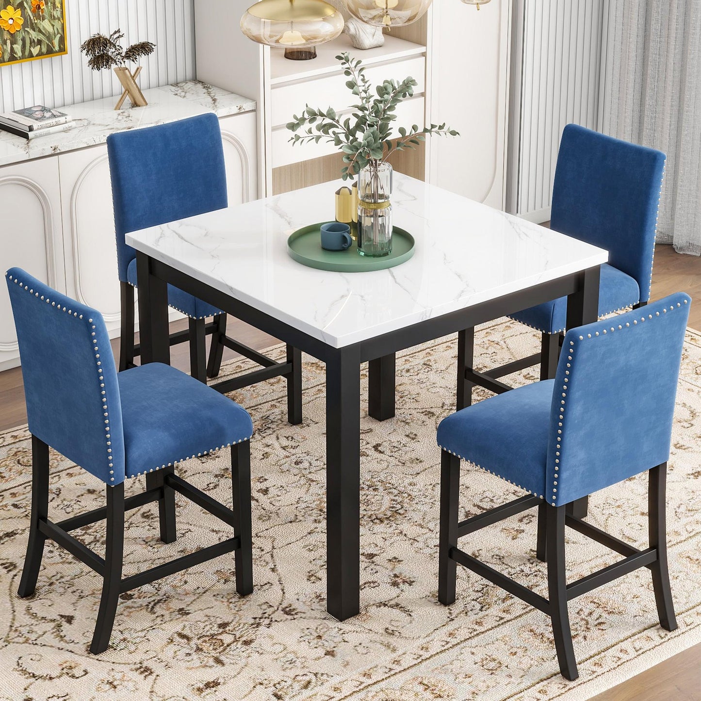 SESSLIFE Dining Table Set for 4, Counter Height Kitchen Table Set with Square Table and 4 Upholstered Chairs, Solid Wood Dining Room Set for Kitchen, Space-Saving, Black
