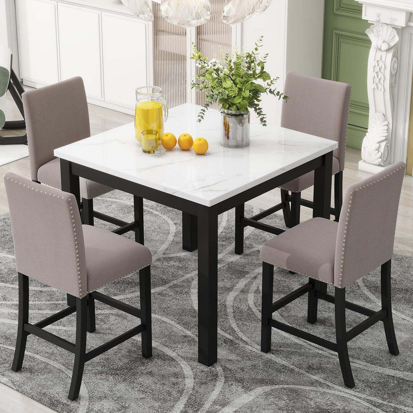SESSLIFE Dining Table Set for 4, Counter Height Kitchen Table Set with Square Table and 4 Upholstered Chairs, Solid Wood Dining Room Set for Kitchen, Space-Saving, Black