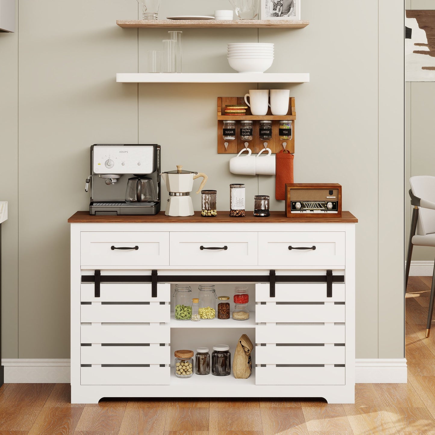 Sesslife 53" Sideboard Buffet Cabinet, Kitchen Storage Cabinet with 3 Drawers and 2 Sliding Barn Doors, Wood Coffee Bar Cabinet with Adjustable Shelves for Living Room Kitchen Dining Room, White