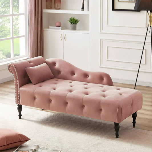 Sesslife 60.6" Velvet Chaise, Left Arm Design Lounge Sofa, Reclining Chair Solid Wood Legs with 1 Pillow for Living Room Bedroom Apartment(Pink)