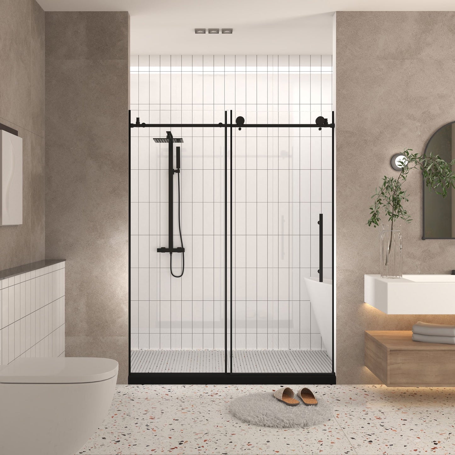 Sesslife 60"W x 76"H Frameless Shower Door, Single Sliding Bathtub Door with 1/4"(6mm) Clear Tempered Glass, Water Blocking Strip and Stainless Steel Handle, Square Tube Track Designed, Matte Black