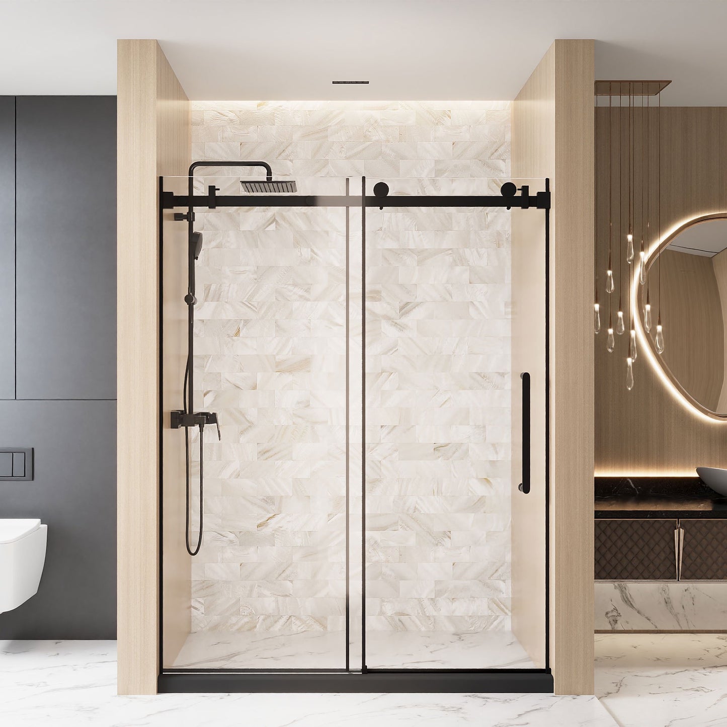 Sesslife 60"W x 76"H Frameless Shower Door, Single Sliding Bathtub Door with 1/4"(6mm) Clear Tempered Glass, Water Blocking Strip and Stainless Steel Handle, Guide Tube Track Designed, Matte Black