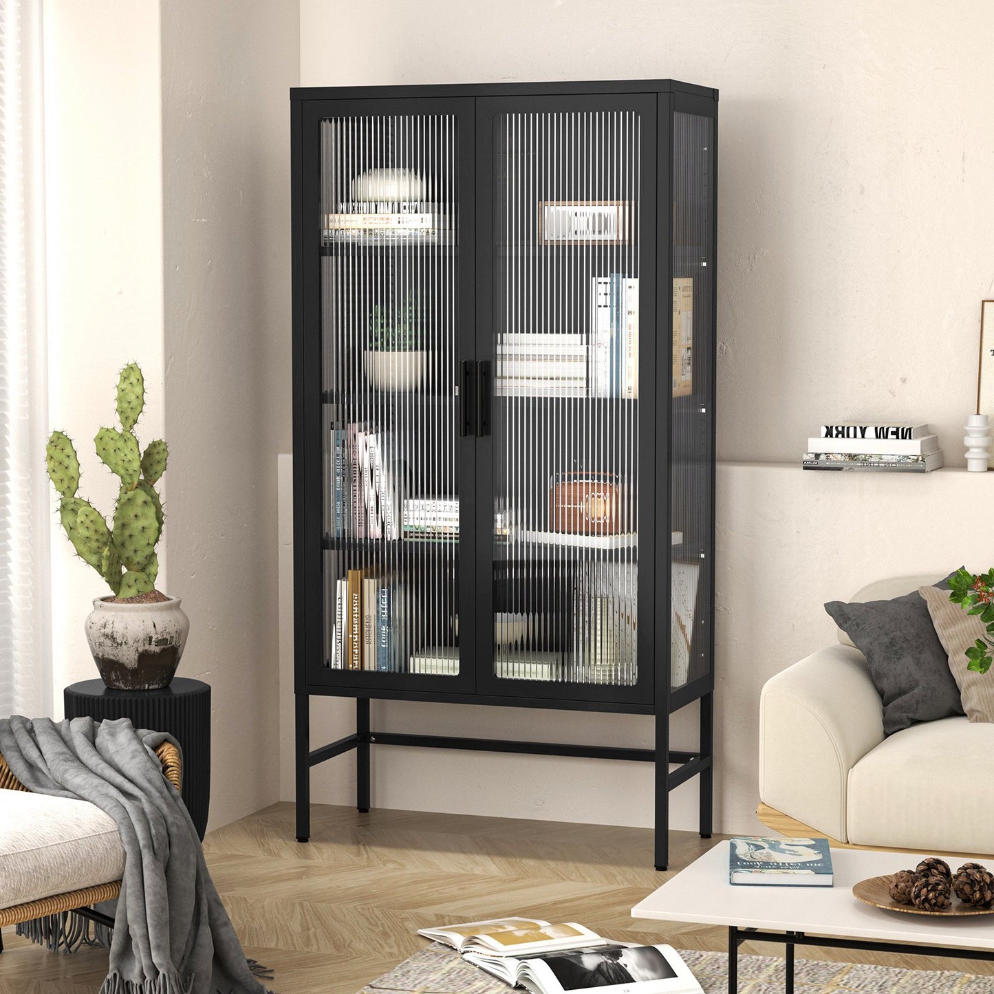 Sesslife 61" Kitchen Pantry Cabinet, 4-Layer Storage Cabinet with Adjustable Shelves and Feet, Freestanding Hutch with Double Glass Door, Tall Steel Sideboard Furniture for Kitchen Dining Room, Black