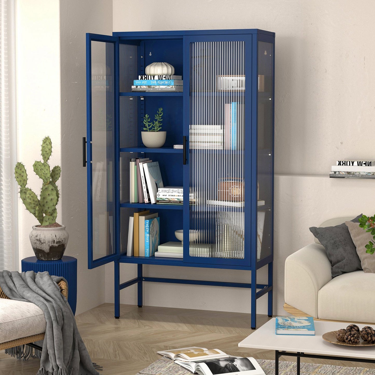 Sesslife 61" Kitchen Pantry Cabinet, 4-Layer Storage Cabinet with Adjustable Shelves and Feet, Freestanding Hutch with Double Glass Door, Tall Steel Sideboard Furniture for Kitchen Dining Room, Black