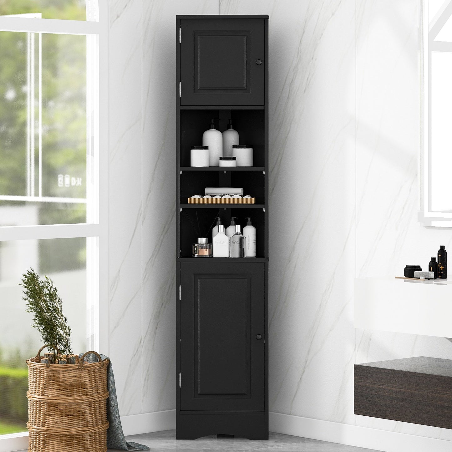 Sesslife 67" Tall Corner Cabinet, 6-Tier Bathroom Storage Cabinet with 2 Doors and Adjustable Shelves, Freestanding Wood Cabinets, Home Space Saver for Bathroom, Living Room, Easy Assembly, White