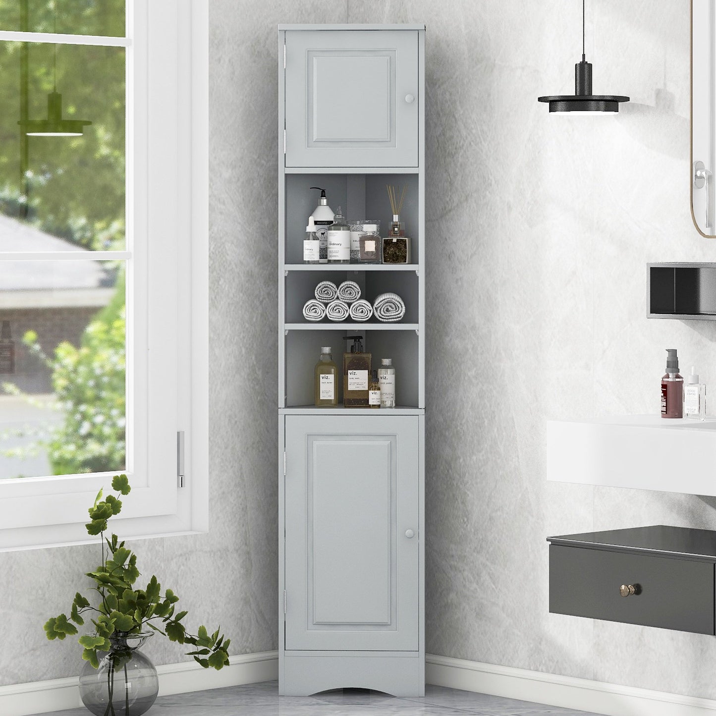 Sesslife 67" Tall Corner Cabinet, 6-Tier Bathroom Storage Cabinet with 2 Doors and Adjustable Shelves, Freestanding Wood Cabinets, Home Space Saver for Bathroom, Living Room, Easy Assembly, White
