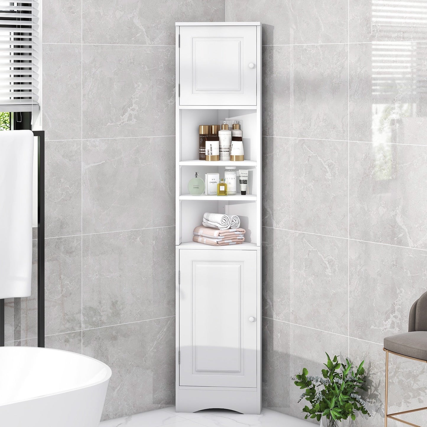 Sesslife 67" Tall Corner Cabinet, 6-Tier Bathroom Storage Cabinet with 2 Doors and Adjustable Shelves, Freestanding Wood Cabinets, Home Space Saver for Bathroom, Living Room, Easy Assembly, White
