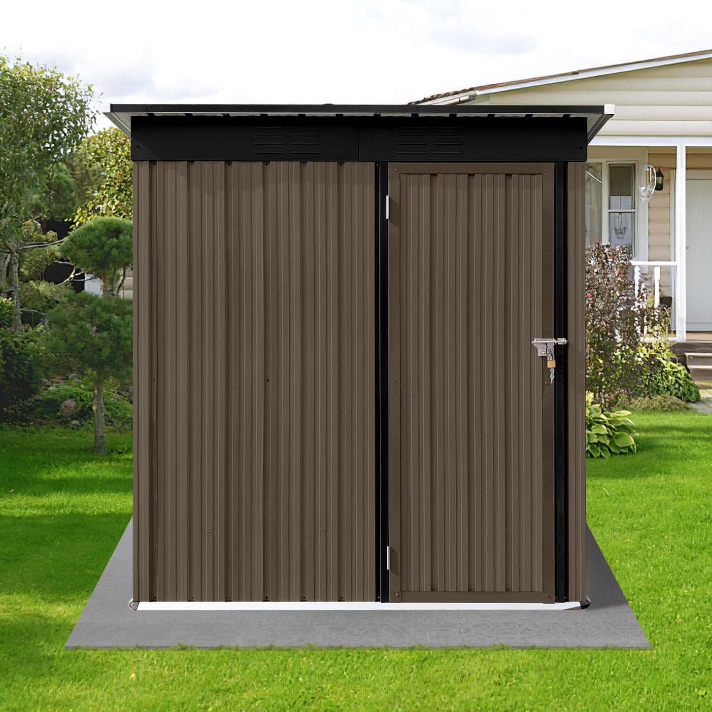 Sesslife 5x4 ft Outdoor Metal Steel Storage Shed with Sliding Roof & Lockable Door for Backyard, Garden, Brown