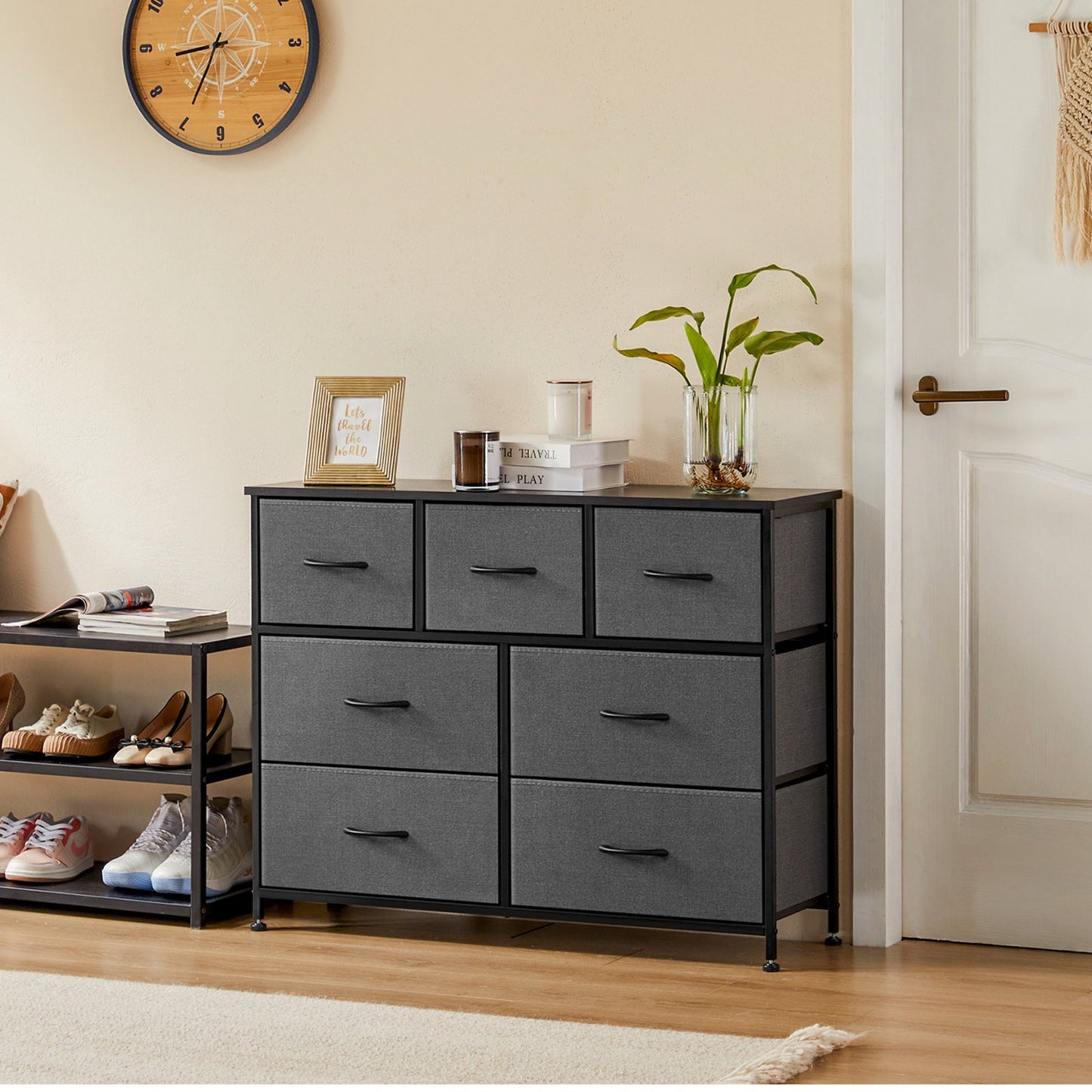 Sesslife 7 Drawers Dresser, Fabric Chest of Drawers with Steel Frame and Wooden Top, Modern Storage Cabinet Dresser Organizer Unit with Handle for Living Room, Closet, Hallway, Nursery, Brown