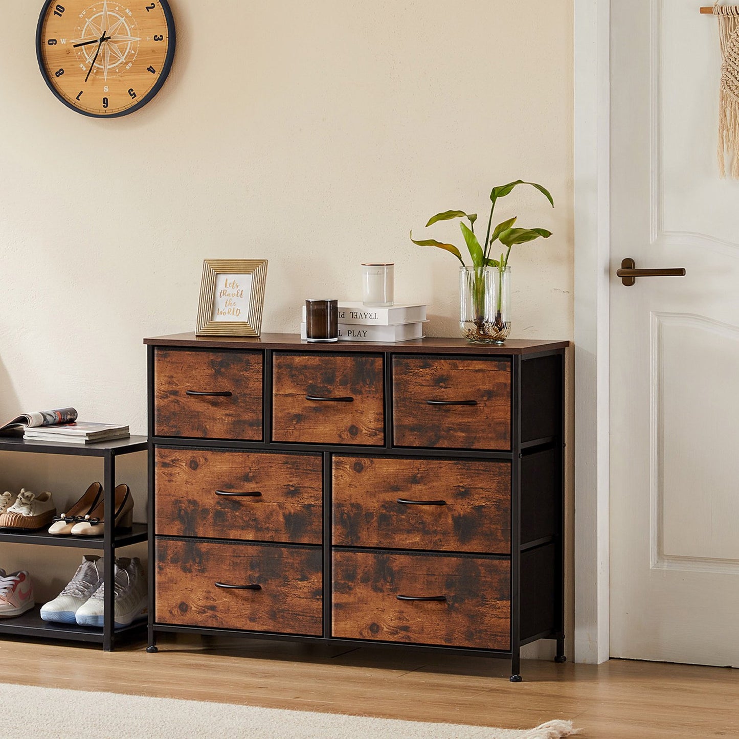 Sesslife 7 Drawers Dresser, Fabric Chest of Drawers with Steel Frame and Wooden Top, Modern Storage Cabinet Dresser Organizer Unit with Handle for Living Room, Closet, Hallway, Nursery, Brown