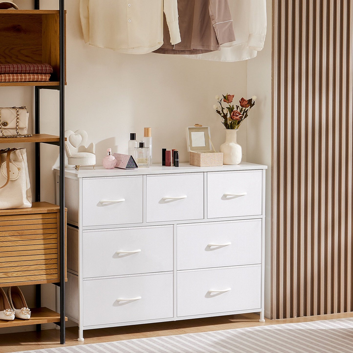 Sesslife 7 Drawers Dresser, Fabric Chest of Drawers with Steel Frame and Wooden Top, Modern Storage Cabinet Dresser Organizer Unit with Handle for Living Room, Closet, Hallway, Nursery, Brown