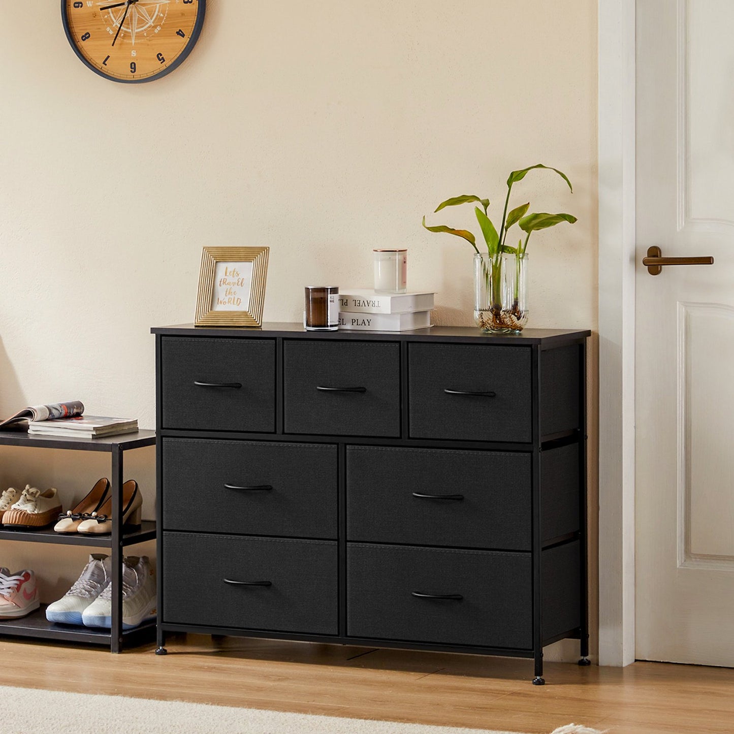 Sesslife 7 Drawers Dresser, Fabric Chest of Drawers with Steel Frame and Wooden Top, Modern Storage Cabinet Dresser Organizer Unit with Handle for Living Room, Closet, Hallway, Nursery, Brown