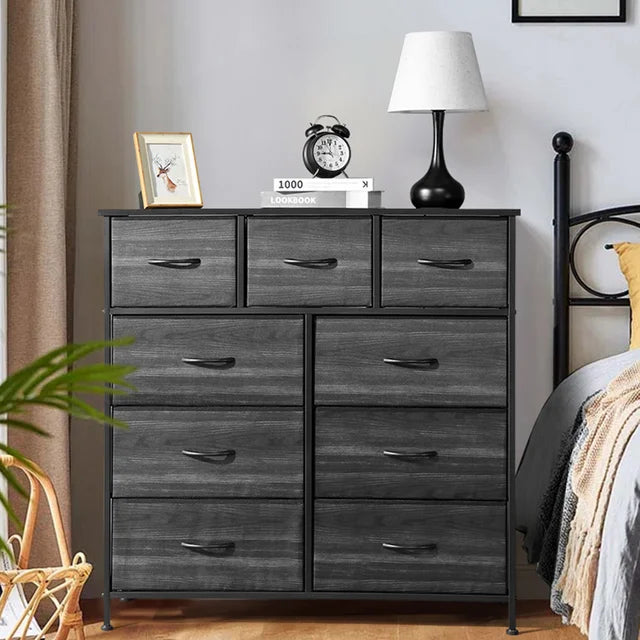 Sesslife 10 Drawers Fabric Dresser, Clothes Cabinet Storage Organizers, Fabric Dresser for Kids and Adults, Chest of Drawers with Steel Frame and Wooden Top for Bedroom, Living Room, Hallway