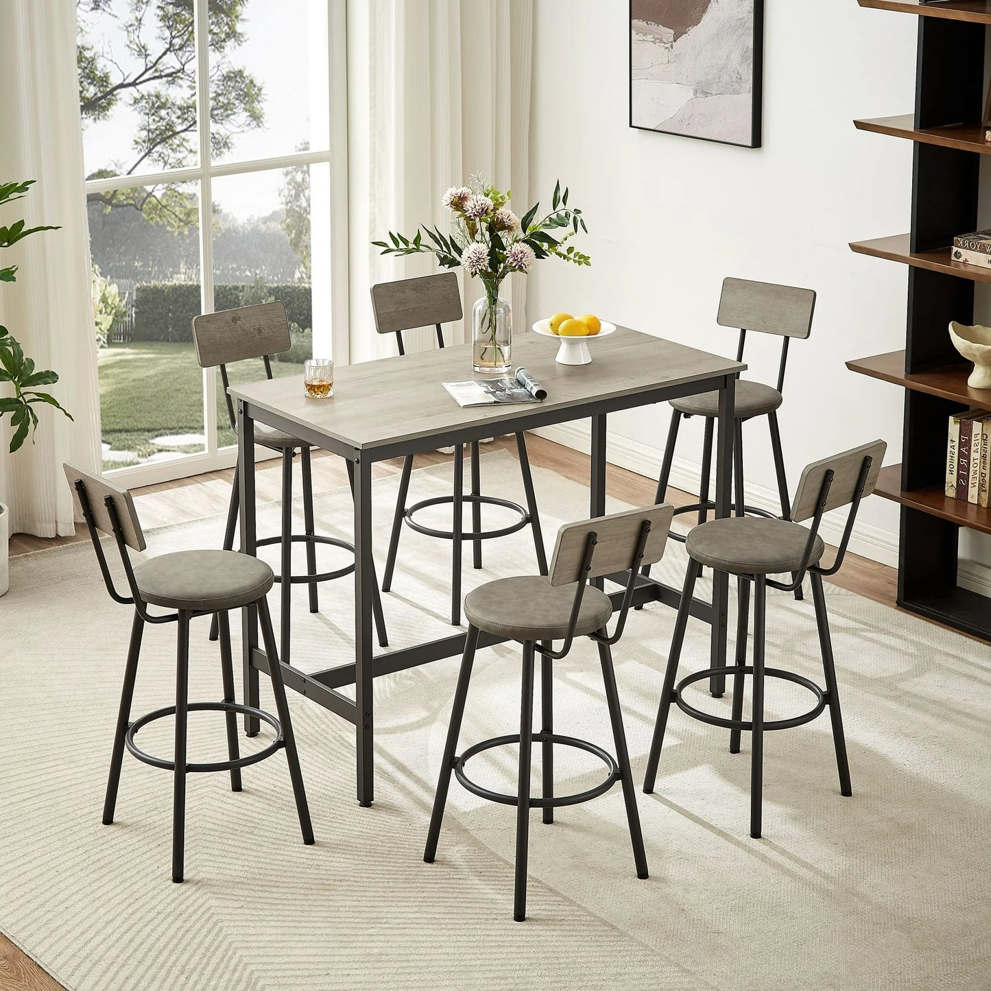 Sesslife 7 Pieces Dining Table Set, Modern Pub Table Dining Room Table Set for Kitchen Breakfast Nook, Bar Table and Chairs Set, Counter Height Table with 6 PU Upholstered Bar Stools, Rustic Brown