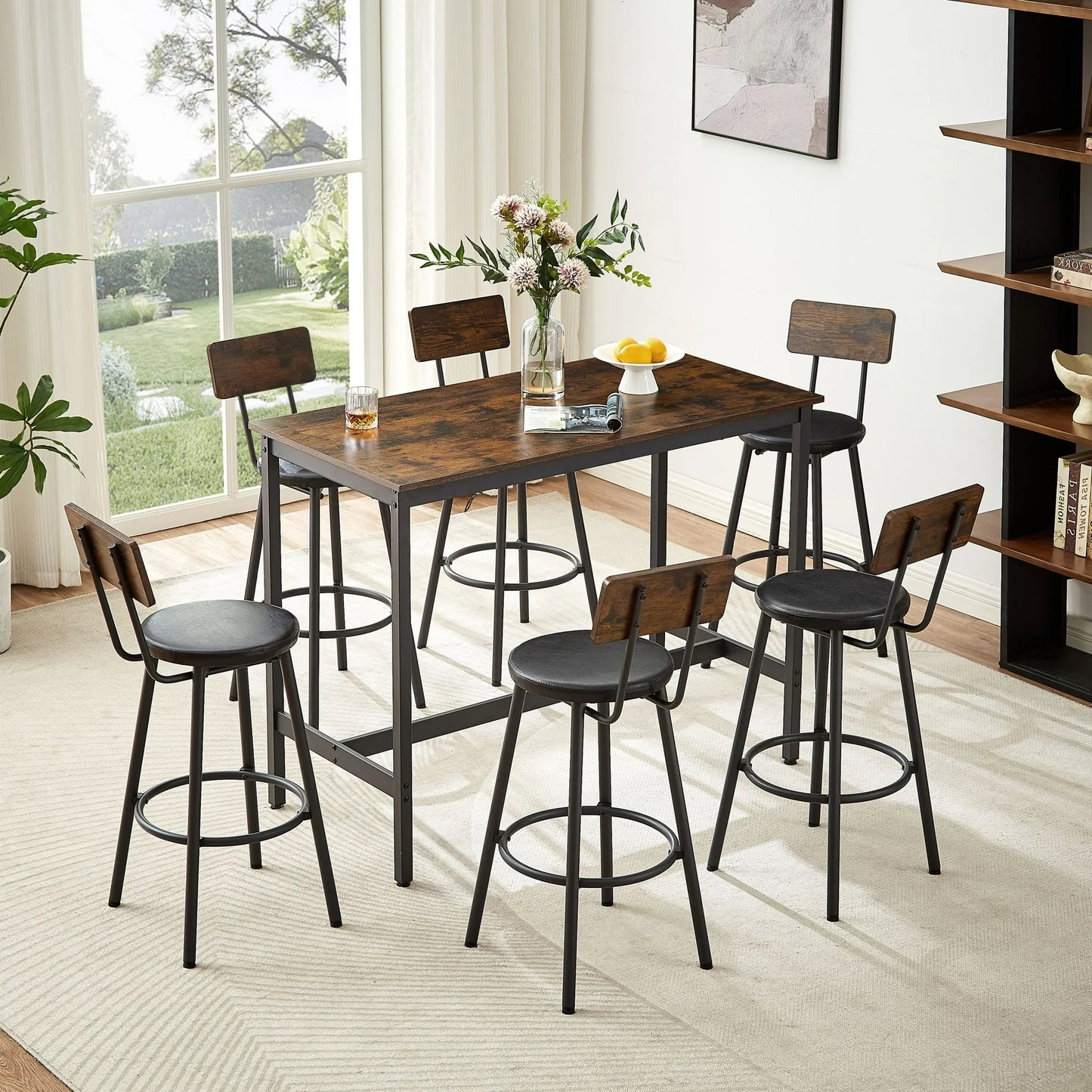 Sesslife 7 Pieces Dining Table Set, Modern Pub Table Dining Room Table Set for Kitchen Breakfast Nook, Bar Table and Chairs Set, Counter Height Table with 6 PU Upholstered Bar Stools, Rustic Brown