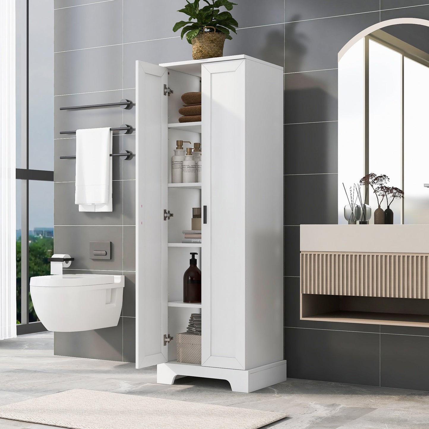 Sesslife 71" Bathroom Storage Cabinet with 2 Doors, Freestanding Wooden Kitchen Pantry Cabinet with Adjustable Shelves, Storage Organizer Unit Floor Cabinet for Living Room Kitchen Bathroom, Black