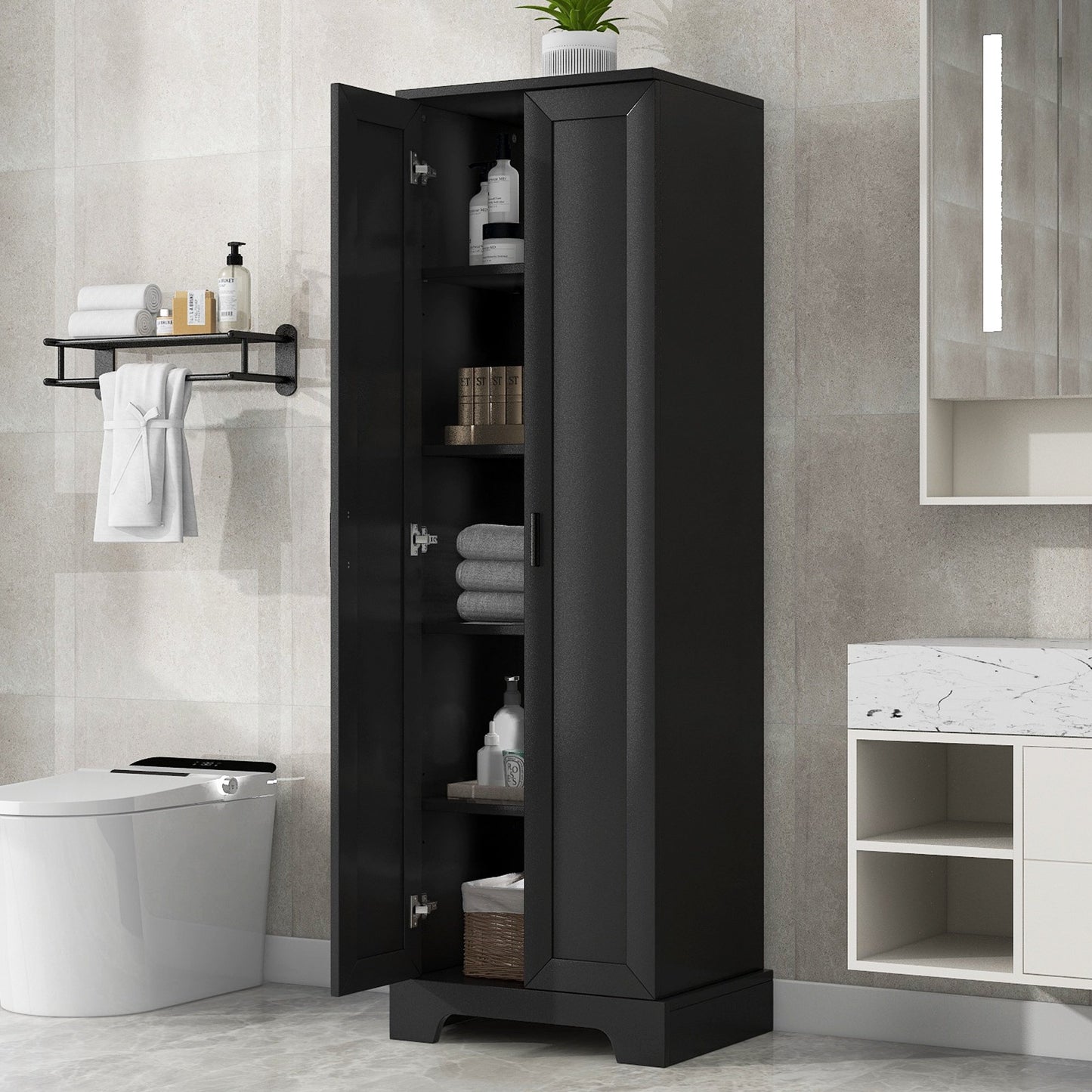 Sesslife 71" Bathroom Storage Cabinet with 2 Doors, Freestanding Wooden Kitchen Pantry Cabinet with Adjustable Shelves, Storage Organizer Unit Floor Cabinet for Living Room Kitchen Bathroom, Black