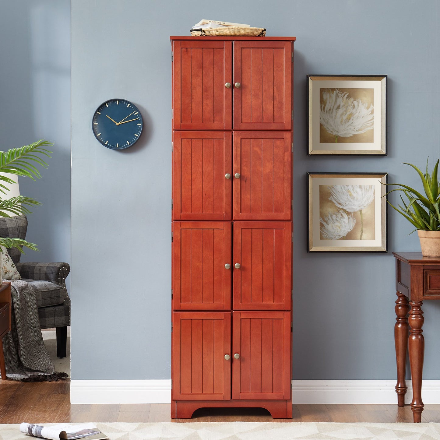 Sesslife 72" Tall Farmhouse Kitchen Pantry Cabinet, Freestanding 4 Layers Storage Cabinet with 8 Doors and 4 Shelves, Sturdy Wooden Bookshelf for Kitchen, Dining Room, Bathroom, Living Room, Cherry
