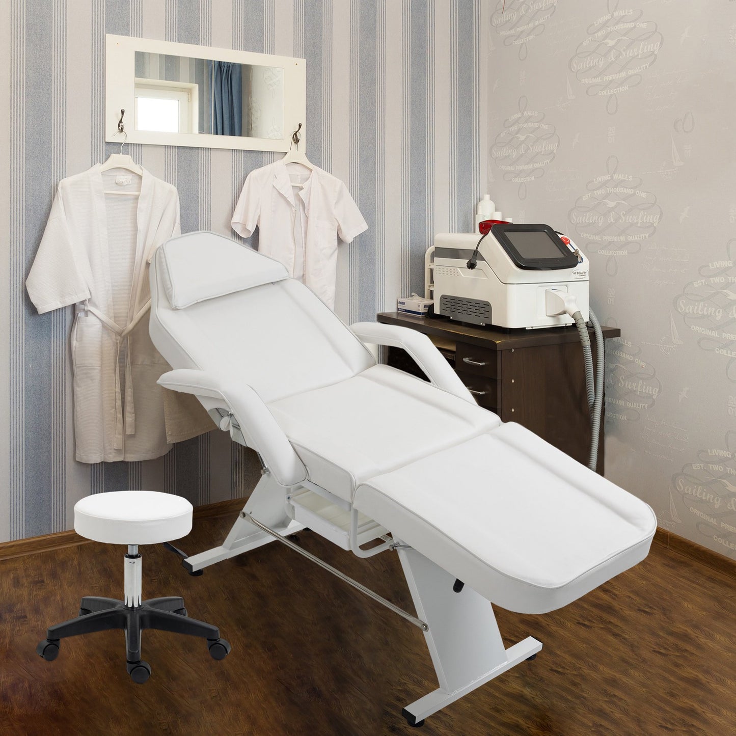 Sesslife 73" 3-Section Massage Table with Swivel Stool, Adjustable Tattoo Chair Esthetician Bed with 2 Trays, Modern Spa Salon Facial Bed, Comfy Beauty Massage Table Chair, Steady Metal Frame, Pink