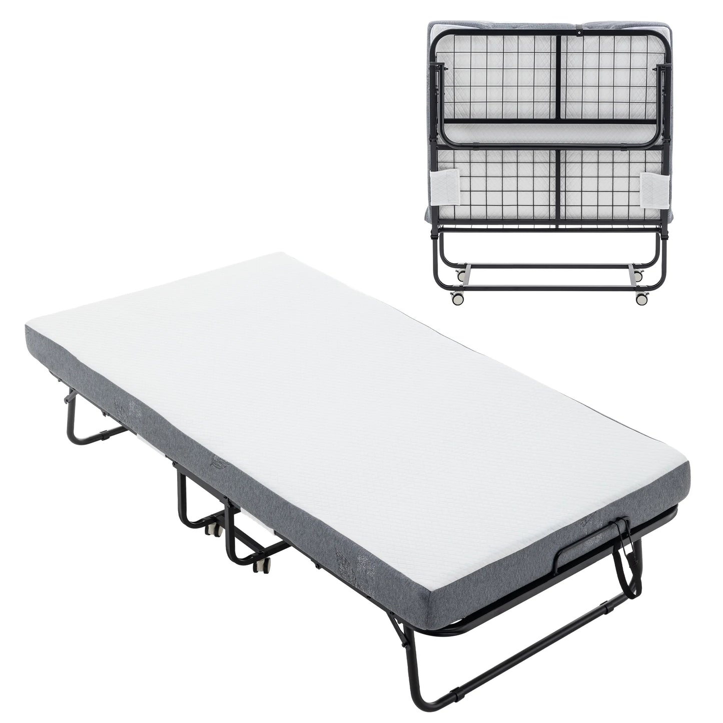 Sesslife 75x38 Folding Bed Bed Frame With Mattress, Roll Away Adult Bed on Wheels for Guests, 3.9-inch Thick Memory Foam Mattress, Space Saving Fold Up Bed for Easy Storage