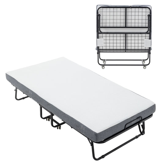 Sesslife 75x38 Folding Bed Bed Frame With Mattress, Roll Away Adult Bed on Wheels for Guests, 3.9-inch Thick Memory Foam Mattress, Space Saving Fold Up Bed for Easy Storage