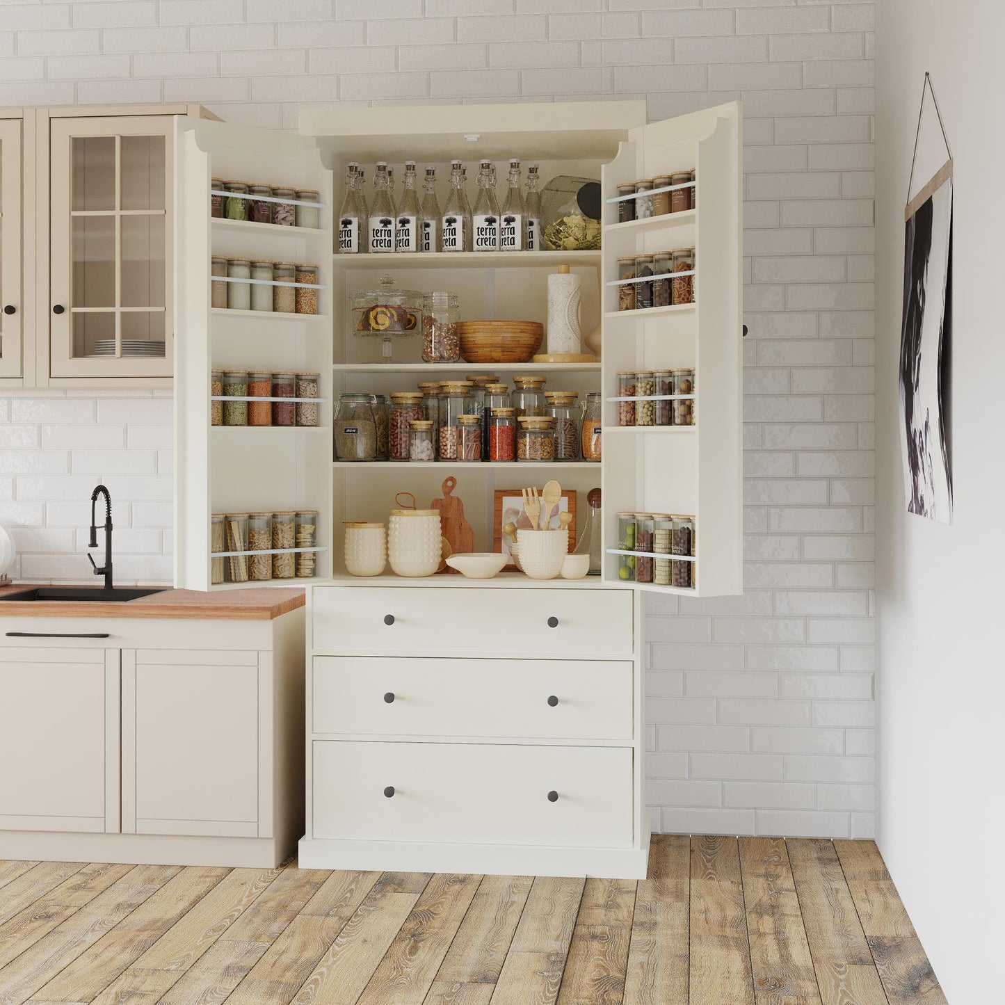 Sesslife 77" Kitchen Pantry Cabinet with 2 Doors and 3 Drawers, Farmhouse Storage Cabinet with Door Shelves, Modern Wood Coffee Hutch for Dining Room, Entryway, Kitchen, Anti-tipping Devices, Gray