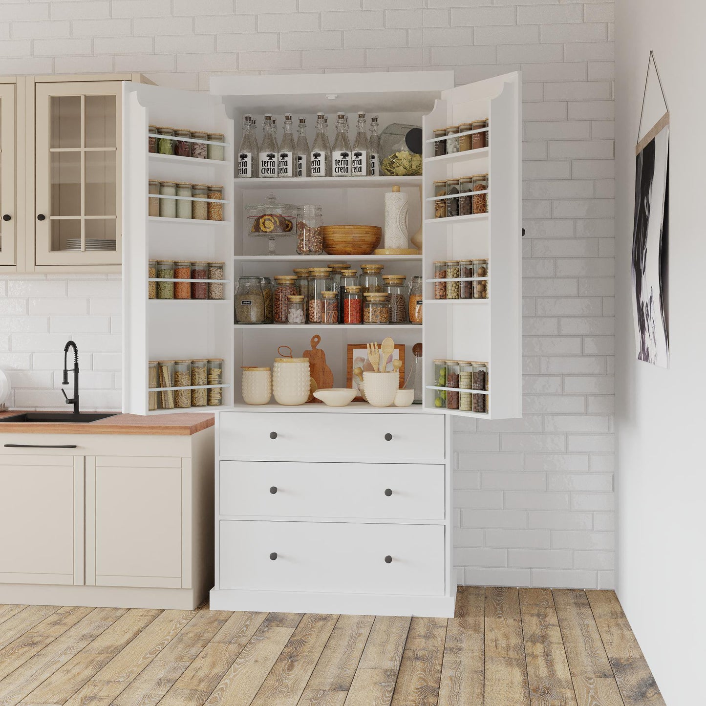 Sesslife 77" Kitchen Pantry Cabinet with 2 Doors and 3 Drawers, Farmhouse Storage Cabinet with Door Shelves, Modern Wood Coffee Hutch for Dining Room, Entryway, Kitchen, Anti-tipping Devices, Gray