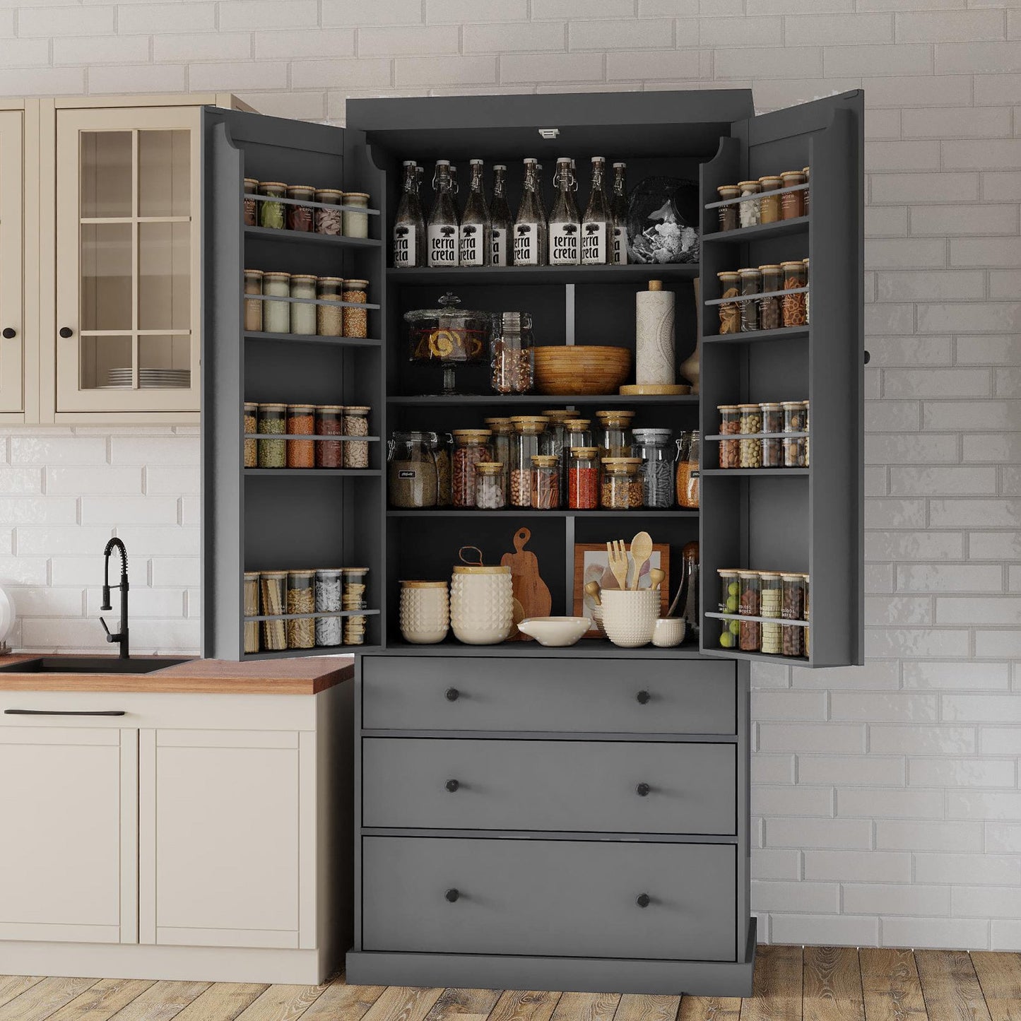 Sesslife 77" Kitchen Pantry Cabinet with 2 Doors and 3 Drawers, Farmhouse Storage Cabinet with Door Shelves, Modern Wood Coffee Hutch for Dining Room, Entryway, Kitchen, Anti-tipping Devices, Gray