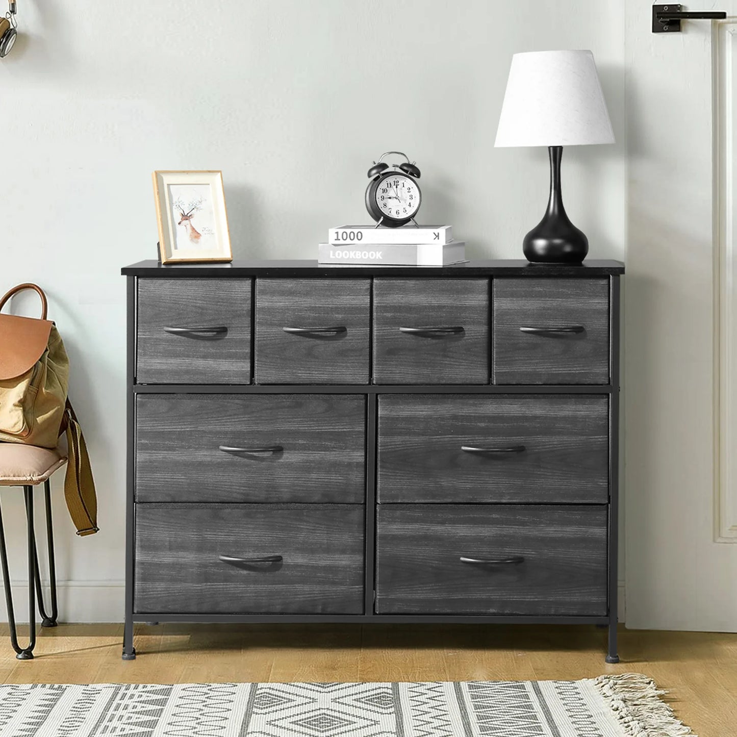 ENYOPRO 8 Drawers Fabric Dresser, Clothes Cabinet Storage Organizers, Fabric Dresser for Kids and Adults, Chest of Drawers with Steel Frame and Wooden Top for Bedroom, Living Room, Hallway