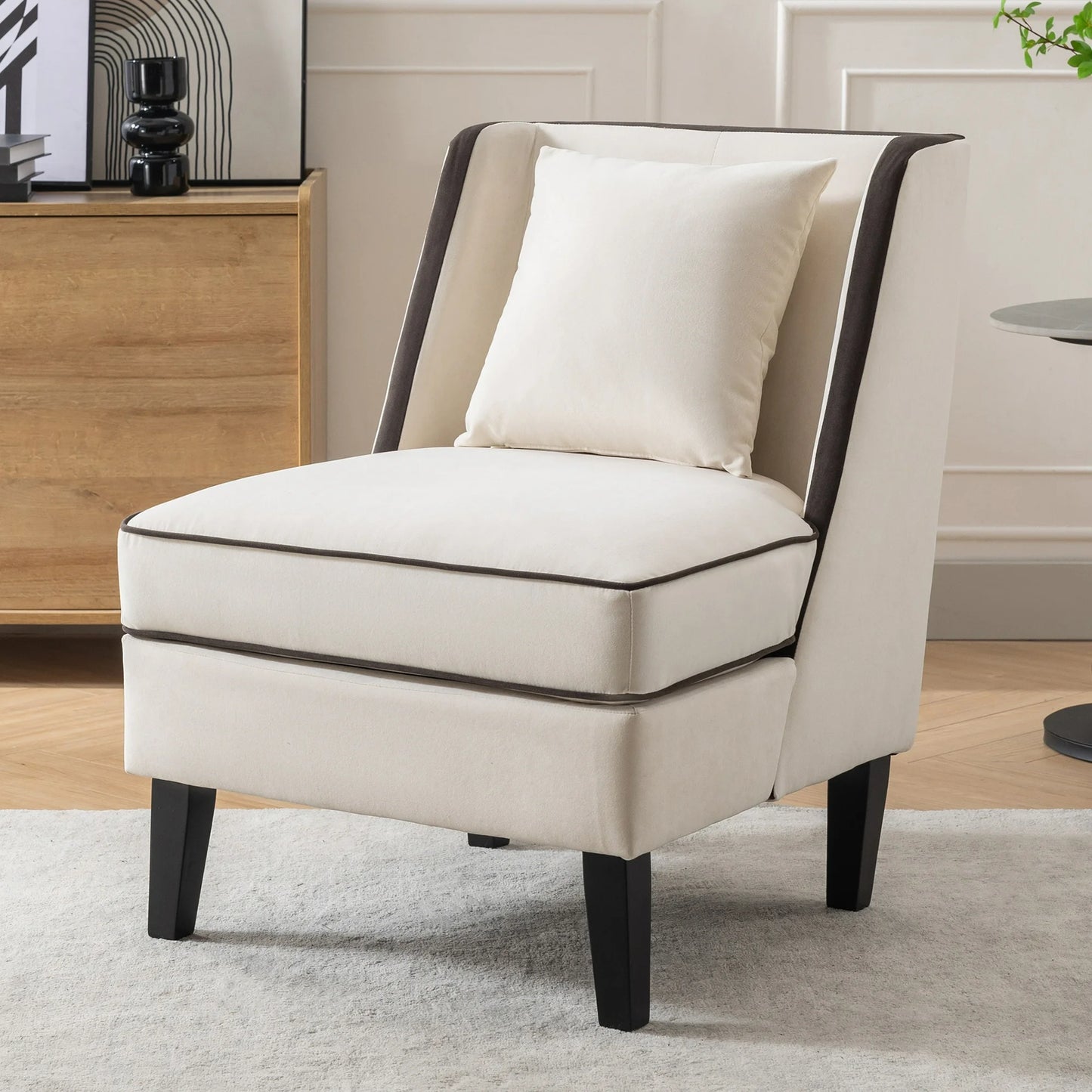 Sesslife Accent Chair with Back Pillow, Modern Armless Single Sofa Chair with Padded Sponge Seats, Soft Velvet Upholstered Reading Side Chair Solid Wood Legs for Living Room, Bedroom, Cream