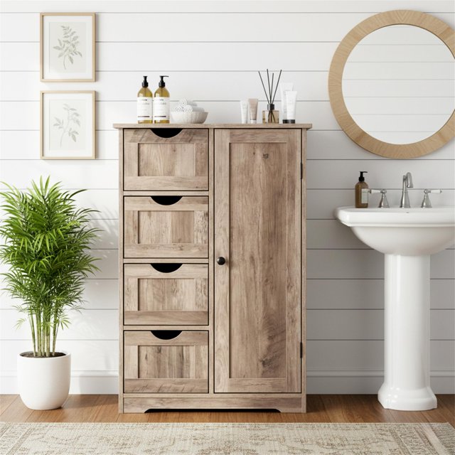 Sesslife Bathroom Floor Cabinet, Wooden Storage Cabinet w/Open Shelf 2 Doors, Corner Cabinet for Living Room Bathroom Home Office