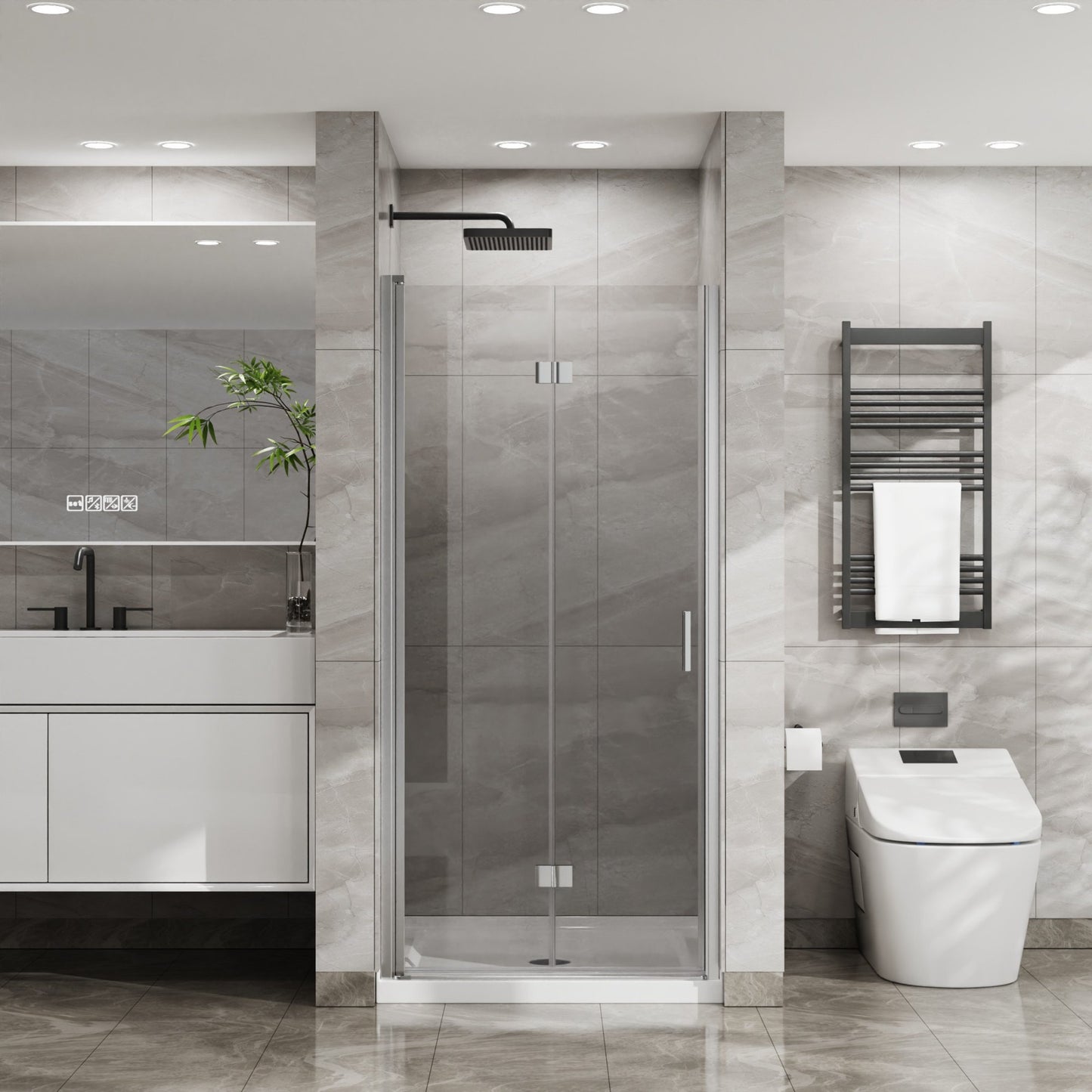 Sesslife Bifold Semi-Frameless Glass Shower Door, 34" W x 72" H Pivot Tub Door with 1/4 inch Tempered Clear Glass, Foldable Bathtub Door with Aluminum Frame, SCGG Certified, Anti-leak, Chrome