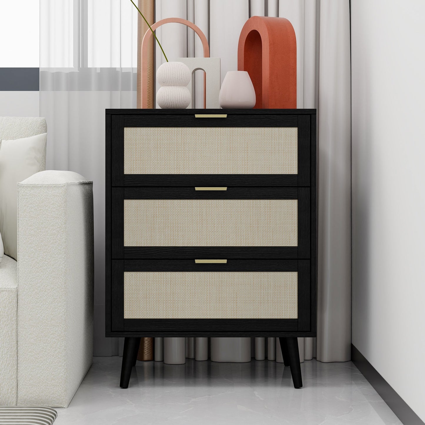 Sesslife Natural Cabinet with 3 Drawers, Modern End Side Table, Nightstand Storage Cabinet for Bedroom, Living Room