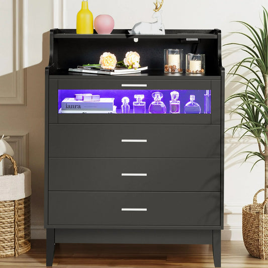 ENYOPRO Black Nightstand with Charging Station and RGB Light Strip, Smart LED Nightstand with 4 Drawers, Modern End Side Table, Bedside Table for Home and Office