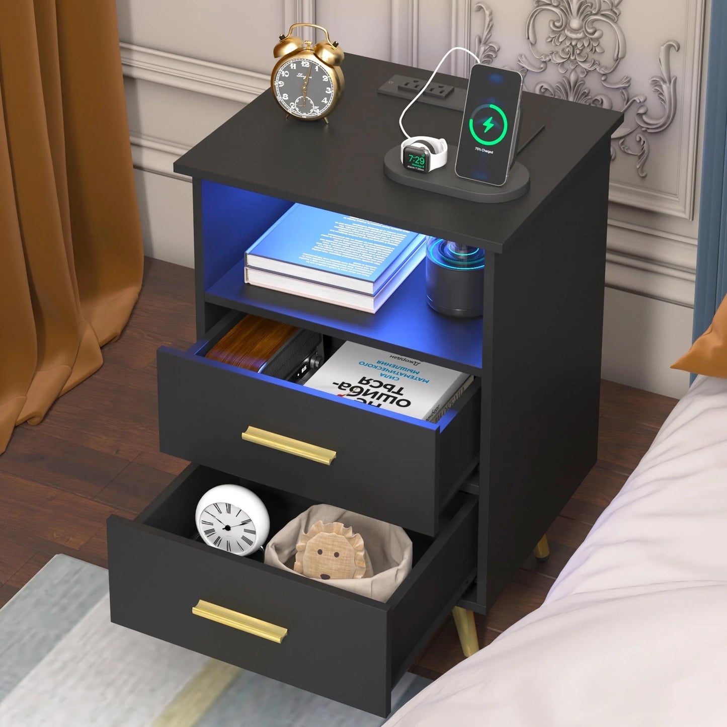 White Nightstand with Charging Station, Bedside Table with LED Lights Strips, Modern End Side Table, Versatile Nightstand with Drawers, Side Table for Home and Office