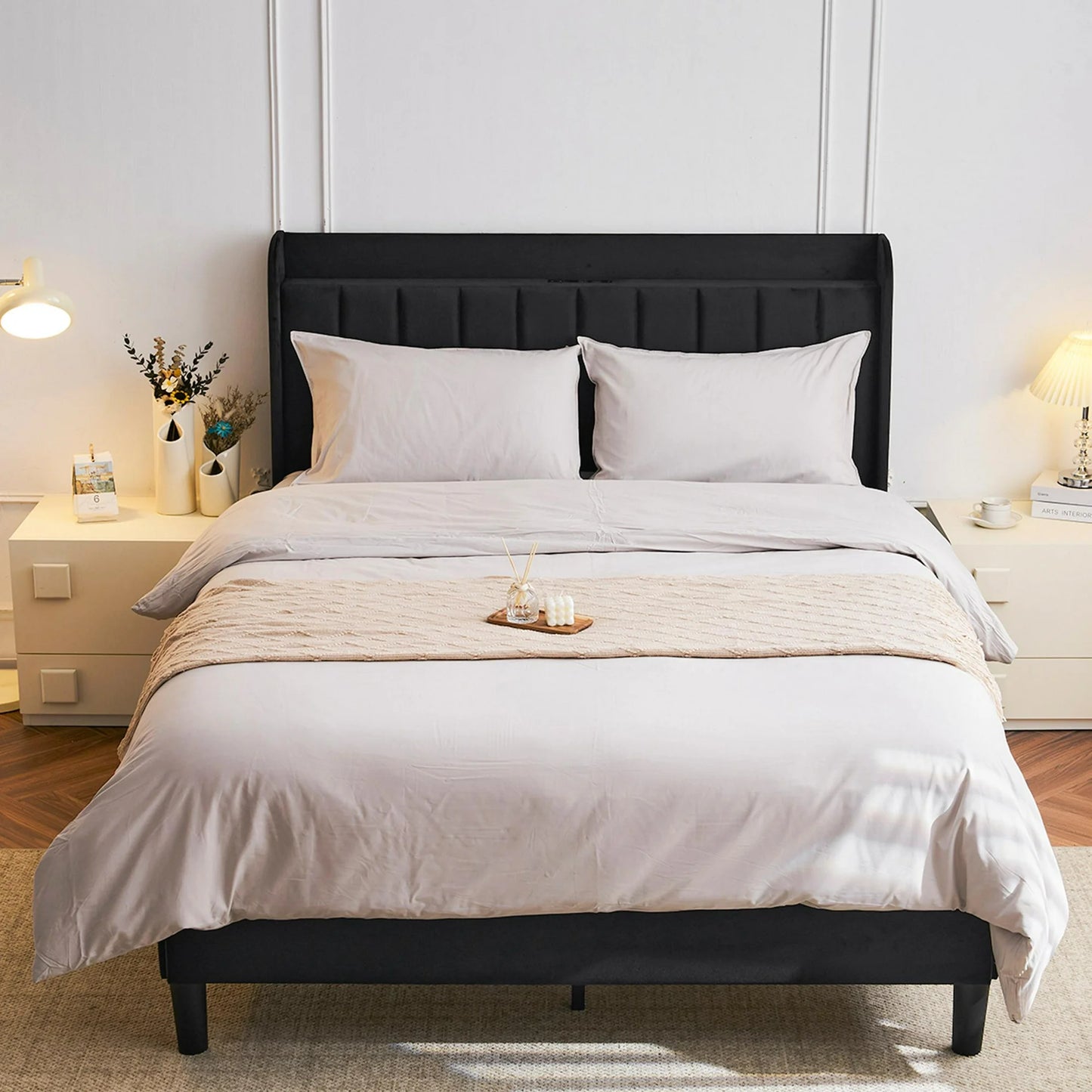 Sesslife Gray Platform Bed Frame, Twin Bed Frame with Upholstered Headboard, Twin Floor Bed Frame, Mattress Foundation, No Box Spring Needed, Easy Assembly