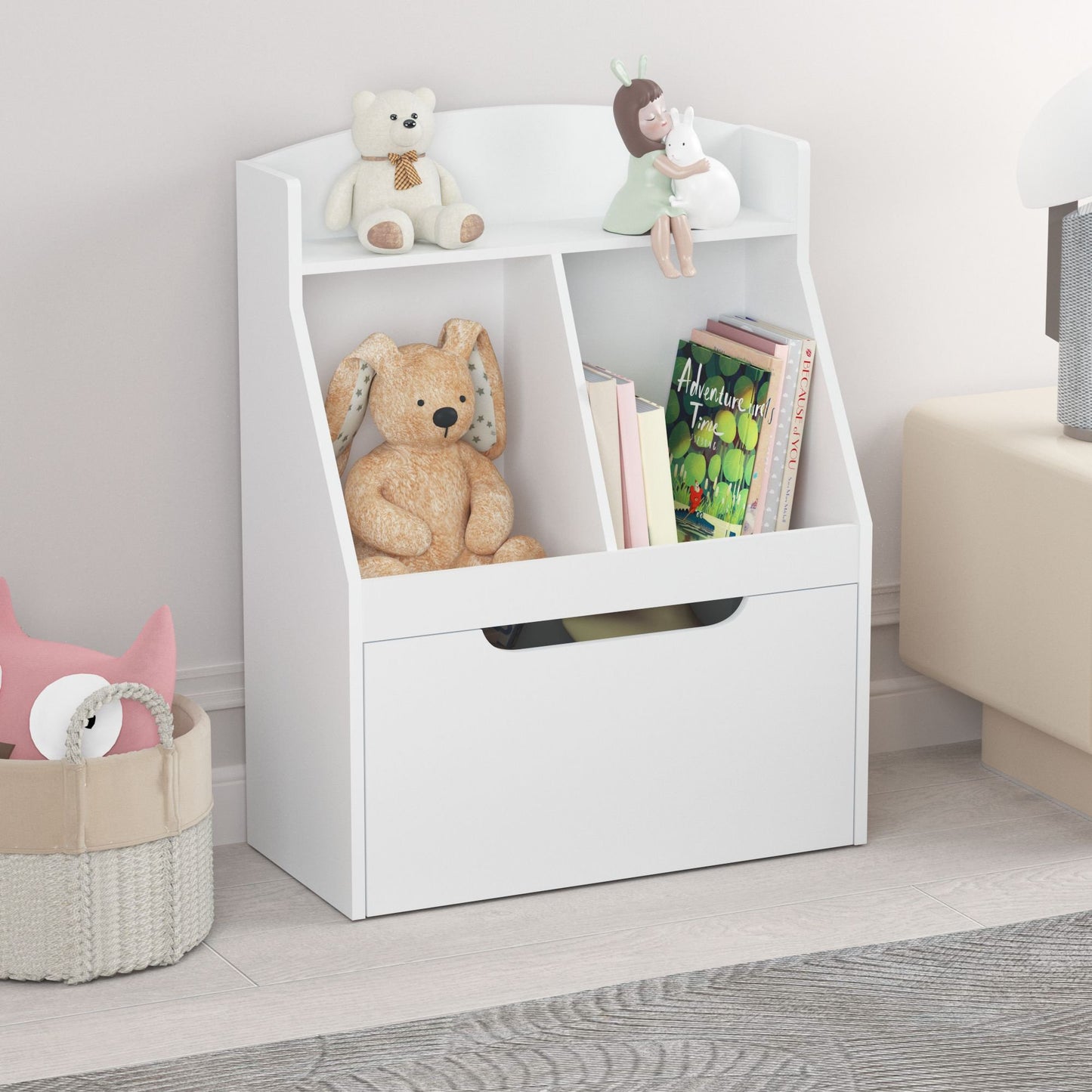 Sesslife Bookshelf for Kids with Storage, Kids Book Rack with Compartments & Sliding Storage Drawers with Wheels, Toy Organizer and Storage Cabinet with Display Stand for Boys Girls, White