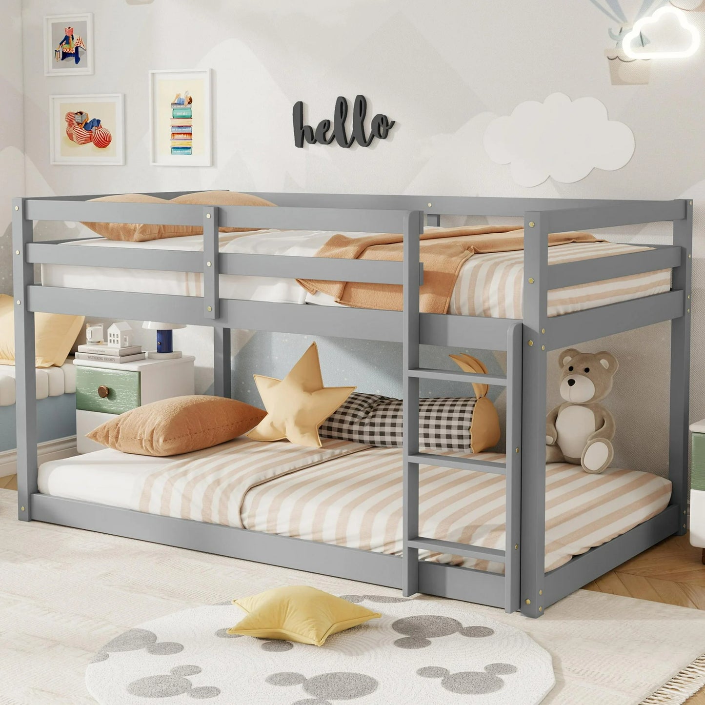 Sesslife Twin Over Twin Bunk Bed with Ladder, Solid Wood Floor Bunk Bed Frame with Slat & Guardrail, Espresso Platform Bed for Boys Girls Bedroom