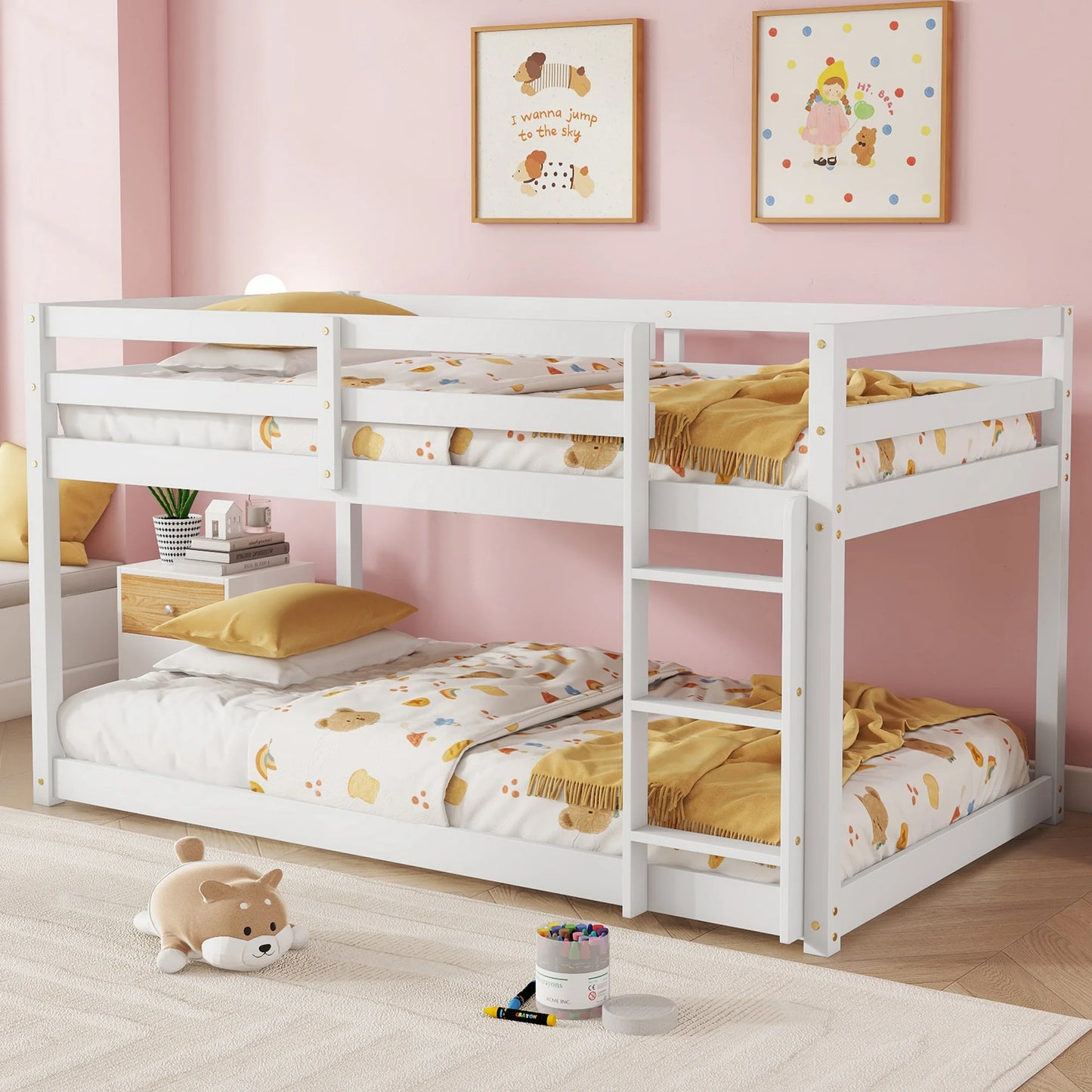 Sesslife Twin Over Twin Bunk Bed with Ladder, Solid Wood Floor Bunk Bed Frame with Slat & Guardrail, Espresso Platform Bed for Boys Girls Bedroom